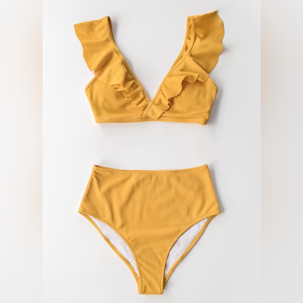 Cupshe Yellow Ribbed High-Waisted Bikini - XXL